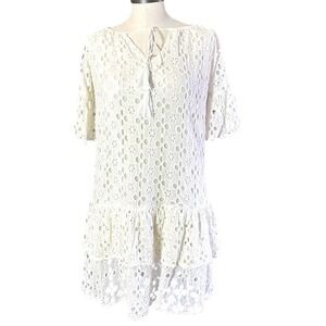 Debbie Katz South Beach White Eyelet Lace Tunic Dress Tassel Boho Summer Small